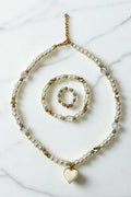 OMID, Elegant Pearl Jewelry Set for Women - Necklace, Bracelet, and Ring with Heart Pendant – Gold-Toned Alloy & Faux Pearl Beads