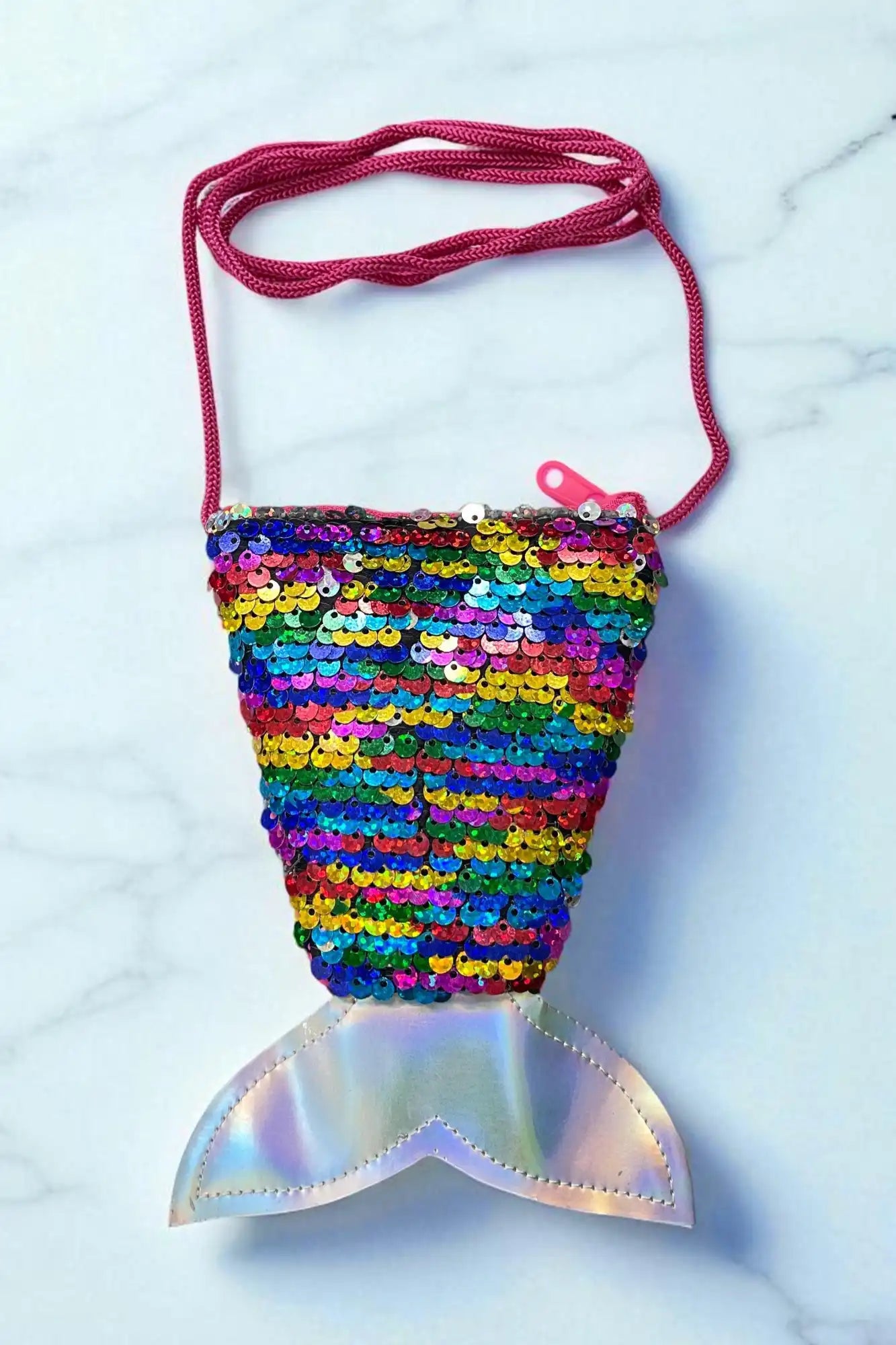 OMID, Rainbow Sequin Mermaid Tail Sling Purse for Girls – Mini Crossbody Bag with Holographic Fin