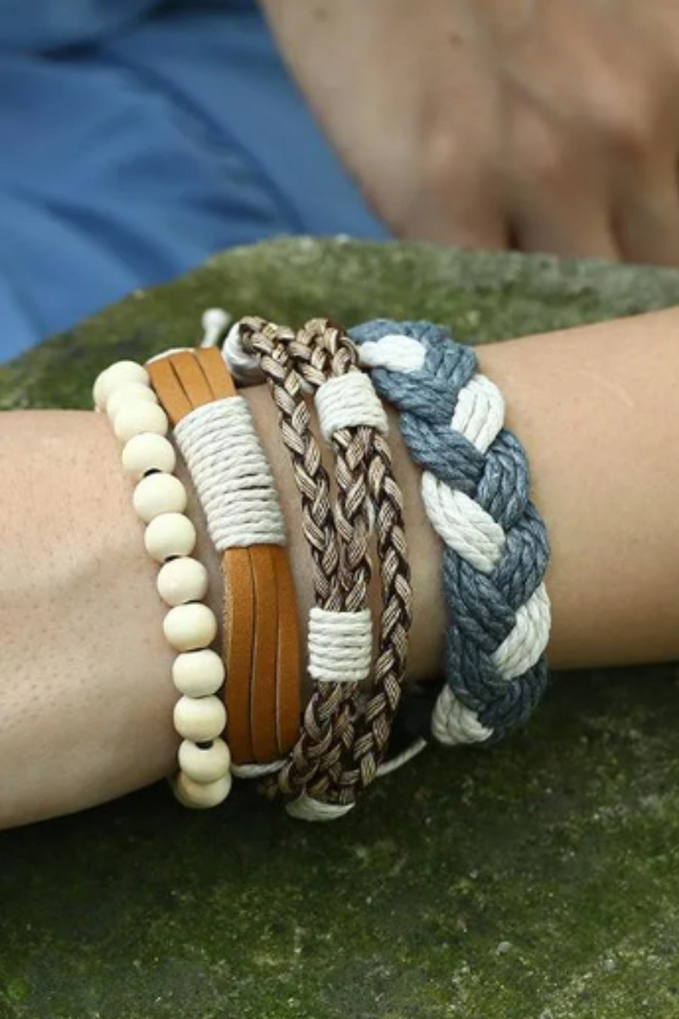 OMID Boho Multi-Layered Handmade Bracelet Set for Men, Braided Cotton, PU Leather & Wooden Beads – Adjustable Unisex Wristband (Set of 4).
