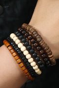 OMID Natural Wooden Bead Bracelet Set of 6 Piece, Stretch Wristbands in Mixed Wood Finishes, Boho Tribal, Casual Style for Men