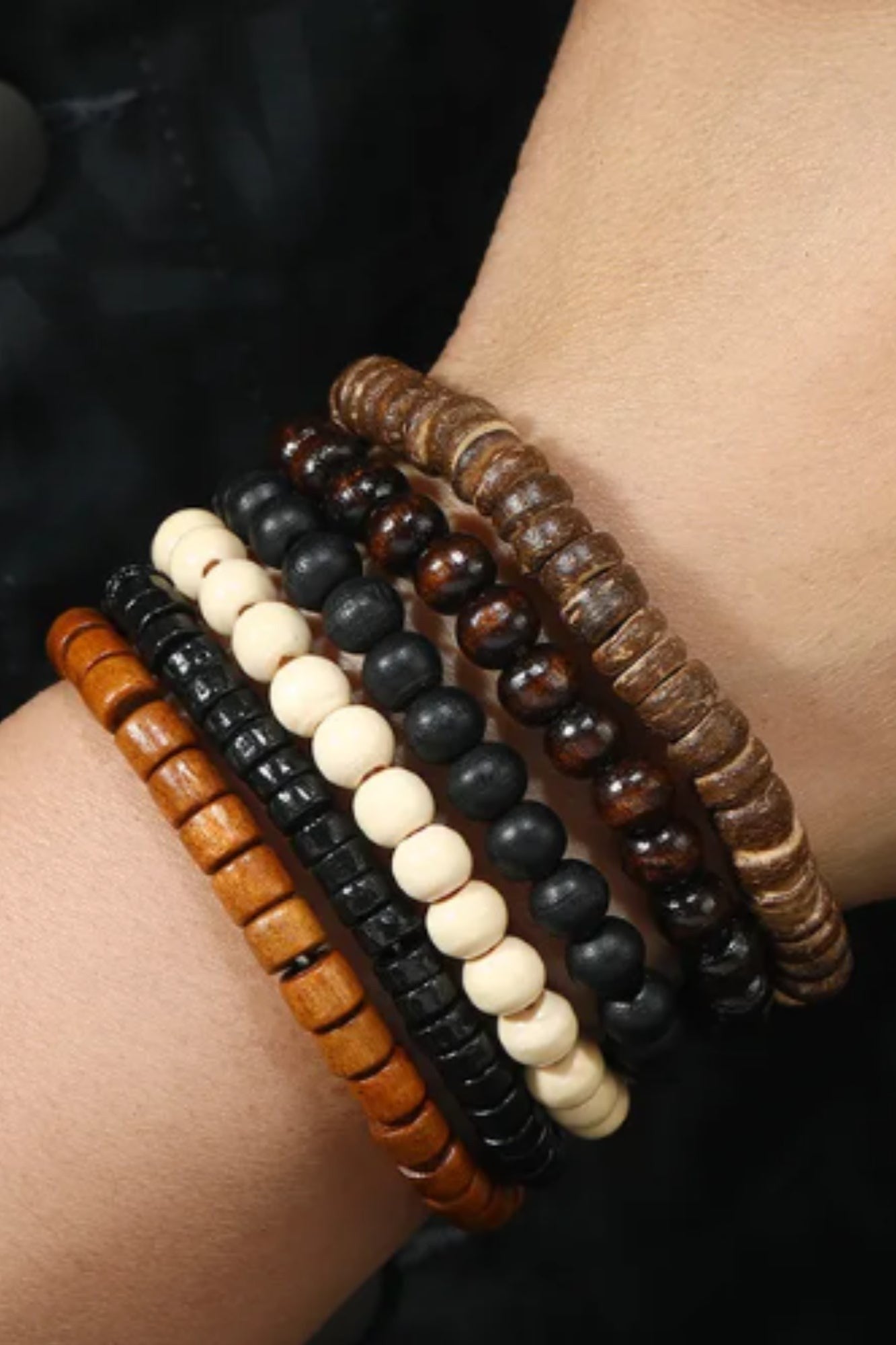 OMID Natural Wooden Bead Bracelet Set of 6 Piece, Stretch Wristbands in Mixed Wood Finishes, Boho Tribal, Casual Style for Men