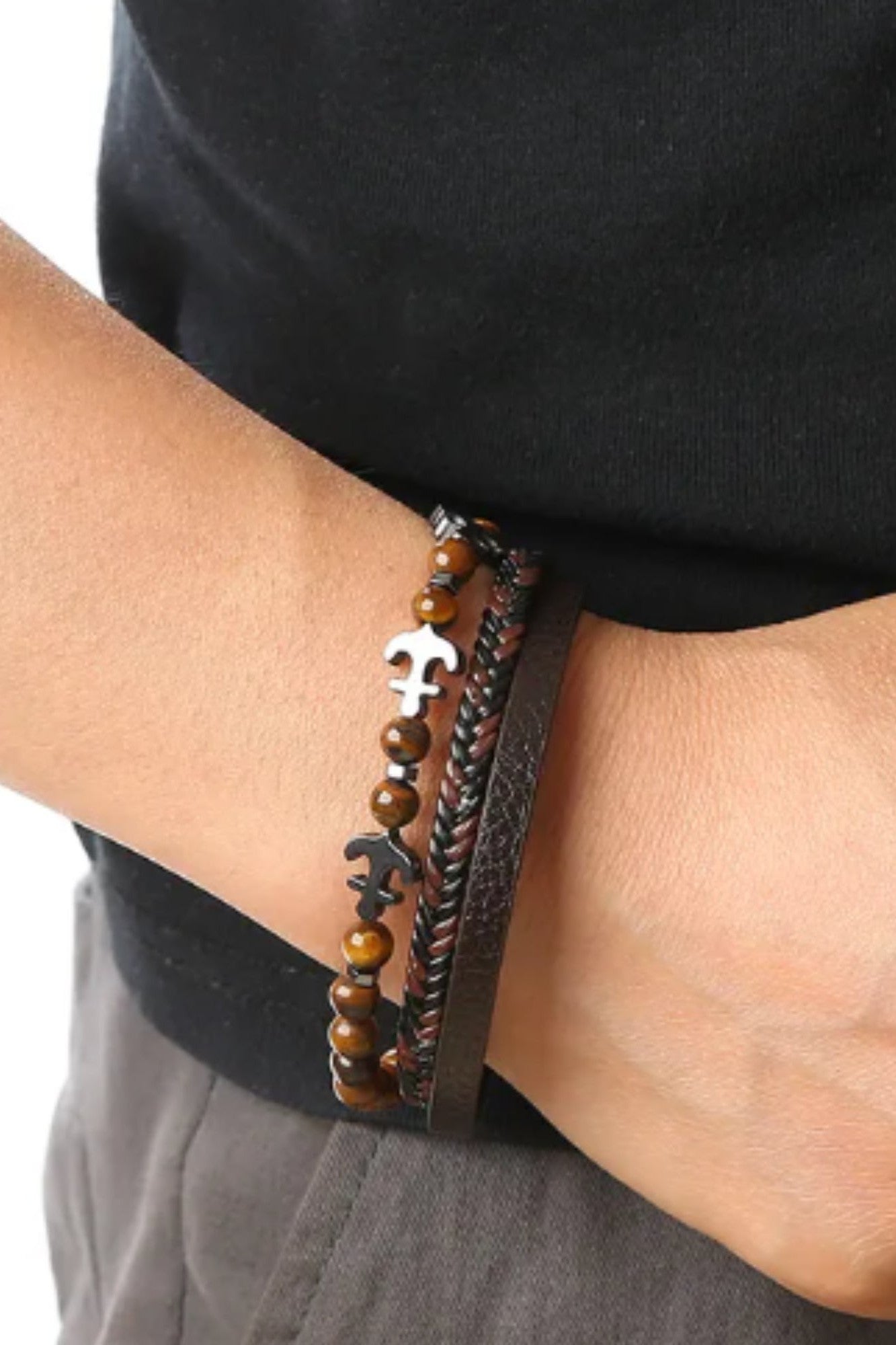 OMID Men’s Multi-Layer Leather & Bead Bracelet with Anchor Charms – Magnetic Clasp, Brown Black Braided Wristband