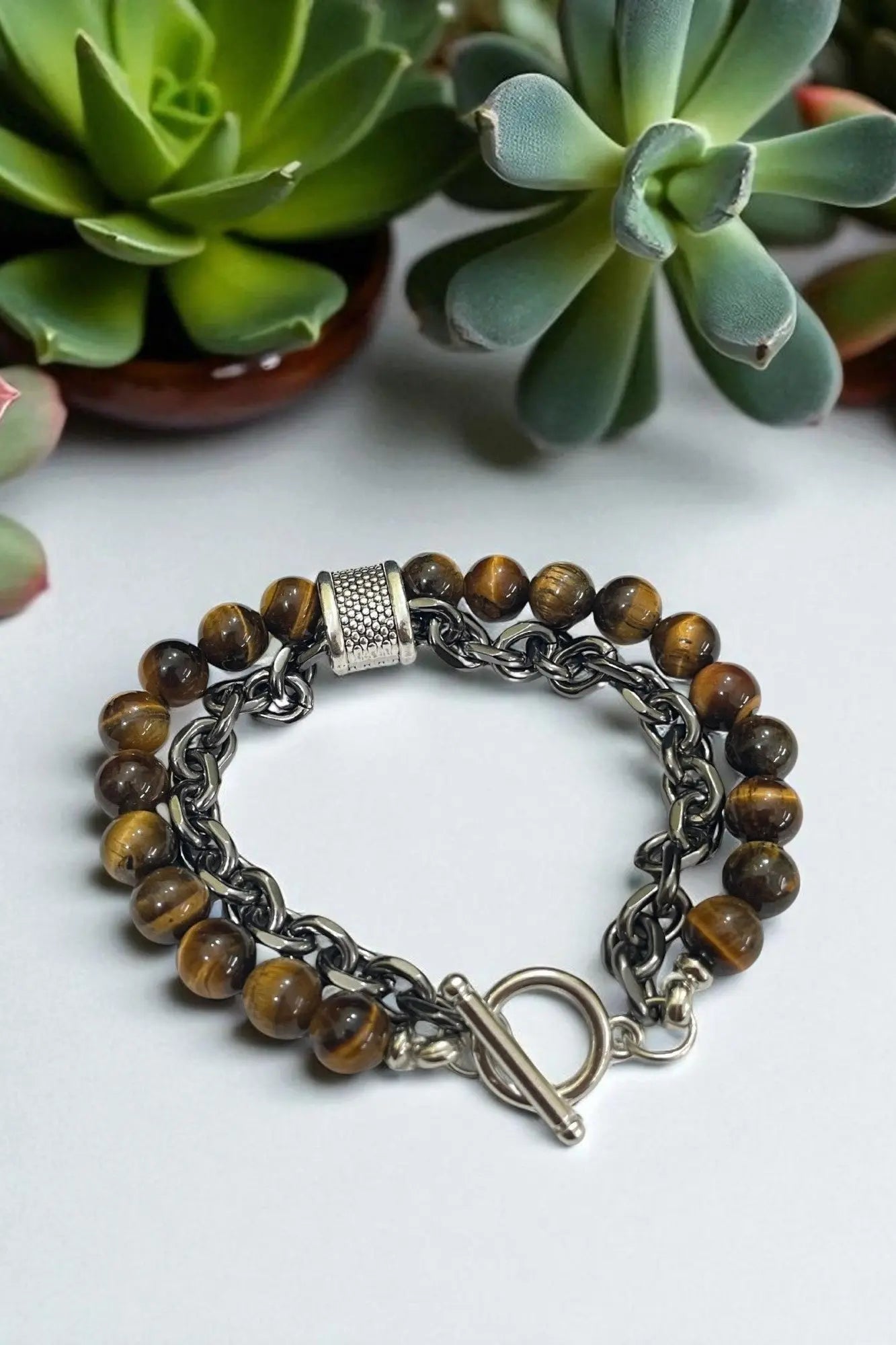 OMID Men's Tiger Eye Beaded & Chain Bracelet – Dual Strand with Toggle Clasp – Stylish Fashion Jewelry for Men