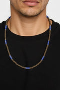 OMID Men's Natural Wood & Blue Stone Beaded Necklace – Tribal Boho Surfer Style with Adjustable Chain – Handmade Jewelry for Men