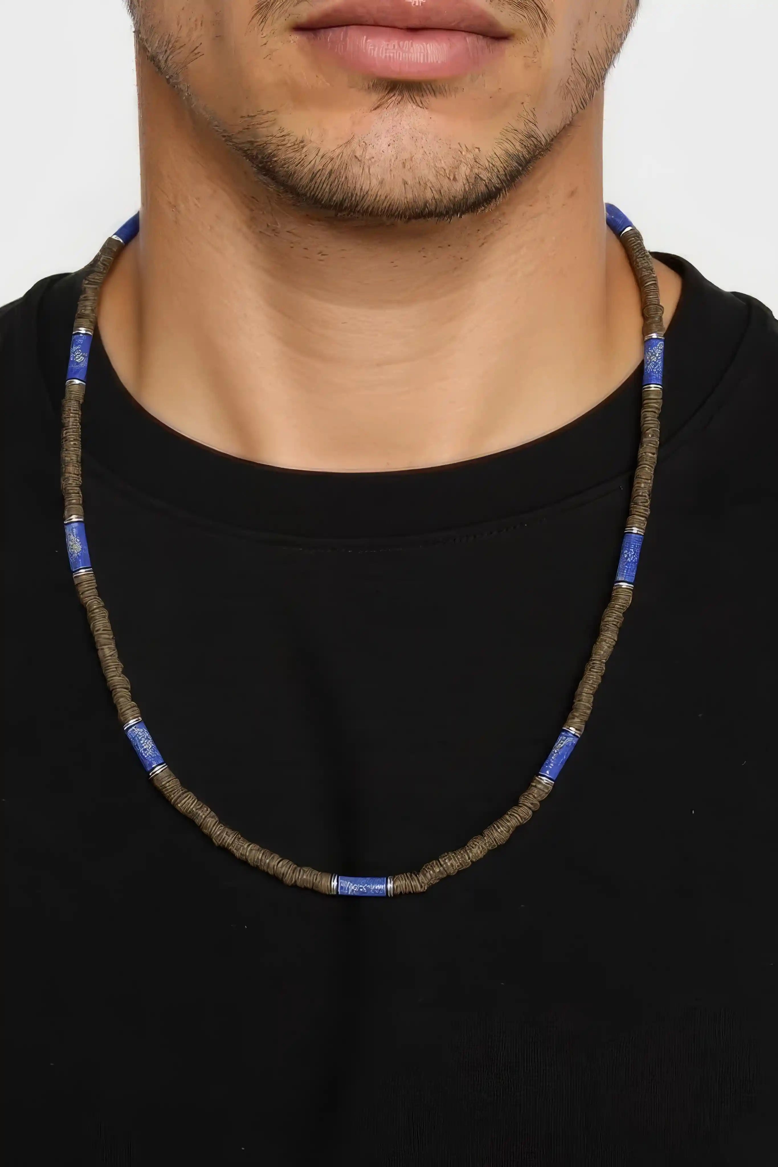 OMID Men's Natural Wood & Blue Stone Beaded Necklace – Tribal Boho Surfer Style with Adjustable Chain – Handmade Jewelry for Men