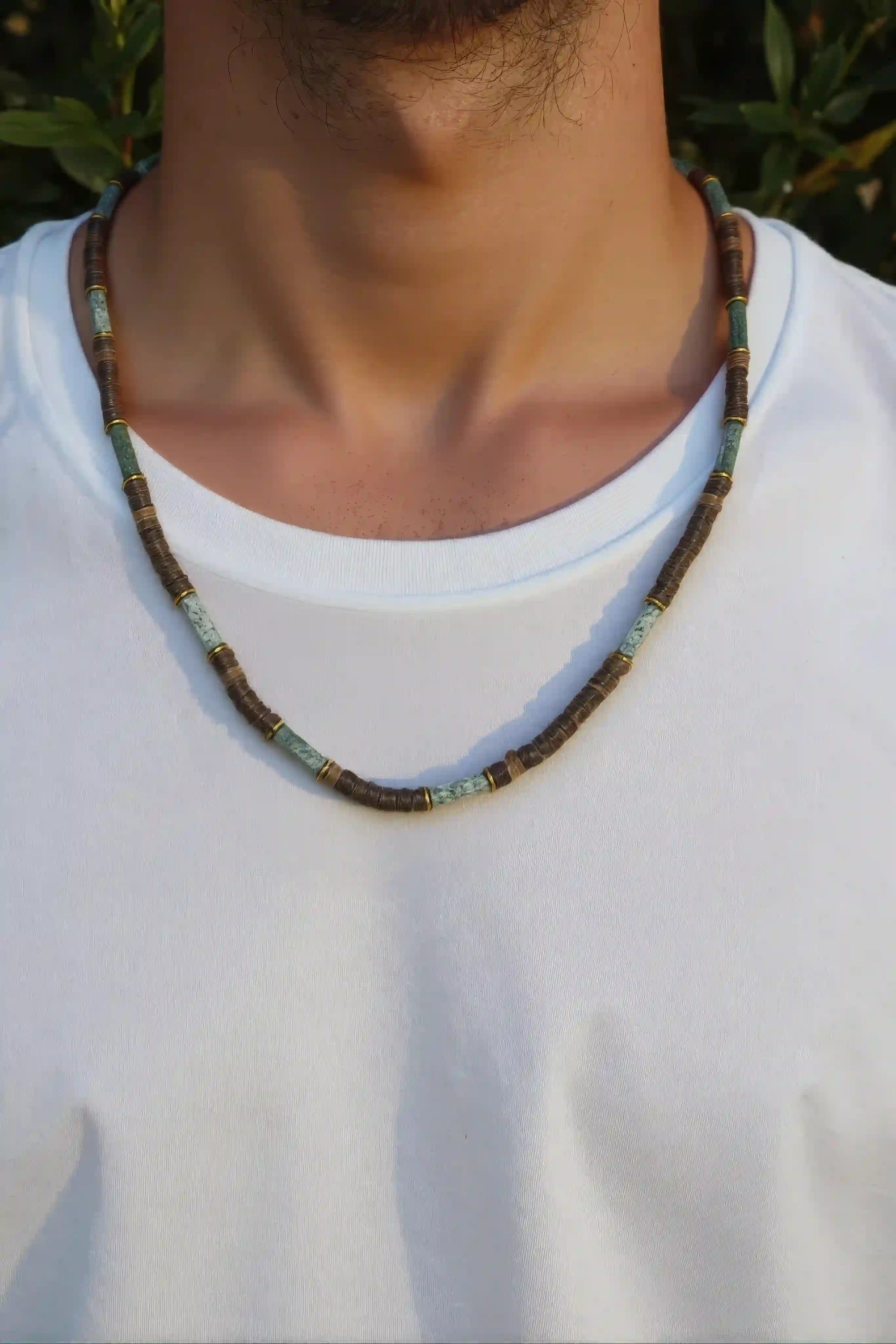 OMID Handmade Green & Brown Beaded Necklace for Men – Adjustable Resin and Stone Beads Jewelry