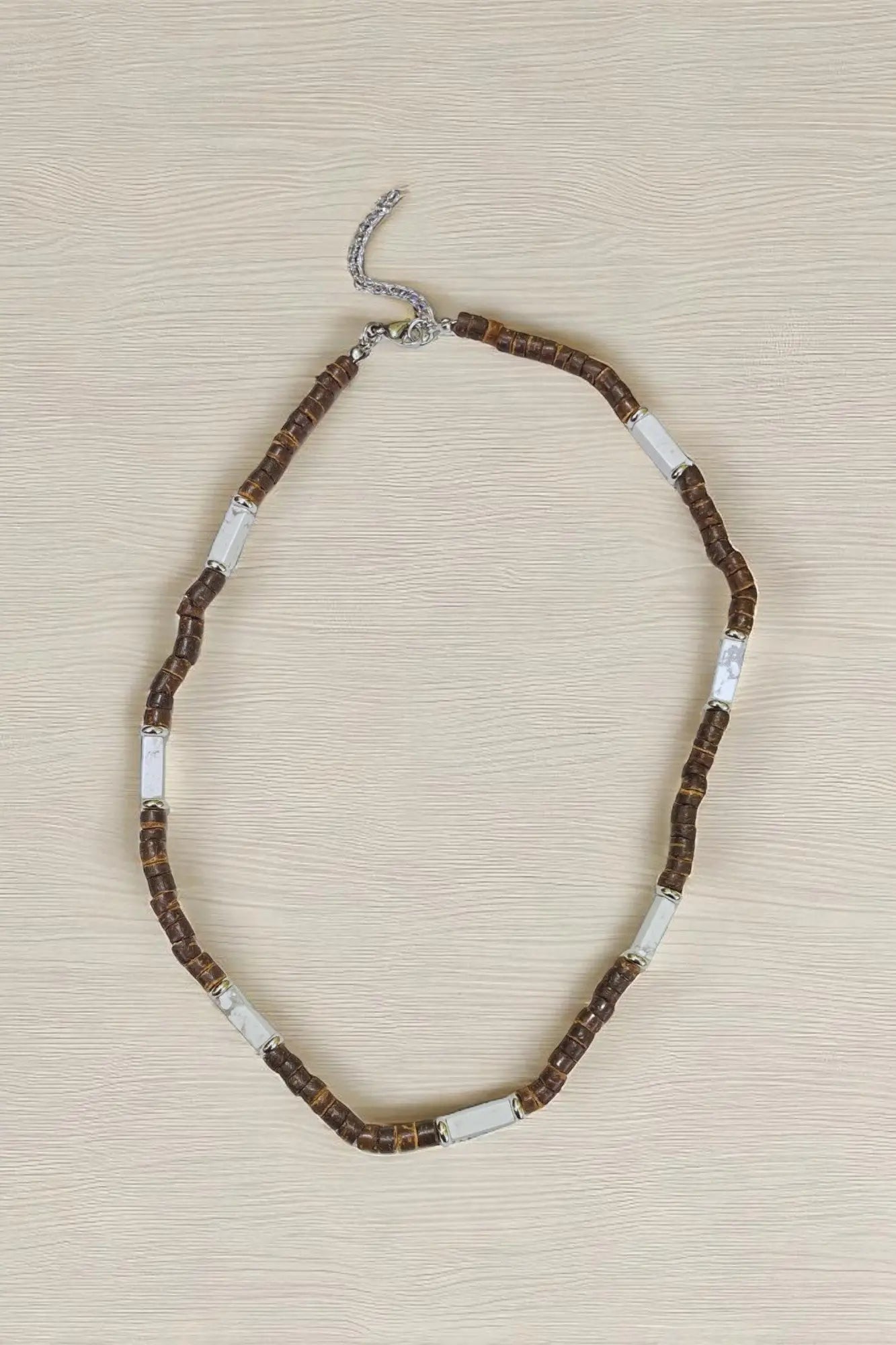 OMID Handmade White & Brown Beaded Necklace for Men – Adjustable Resin and Stone Beads Jewelry
