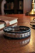 Men’s Black Leather Stainless Steel Magnetic Bracelet – Modern Adjustable Wrist Band