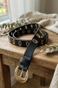 Luxury Black Faux Leather Belt with Double-Row Gold Oval Grommets
