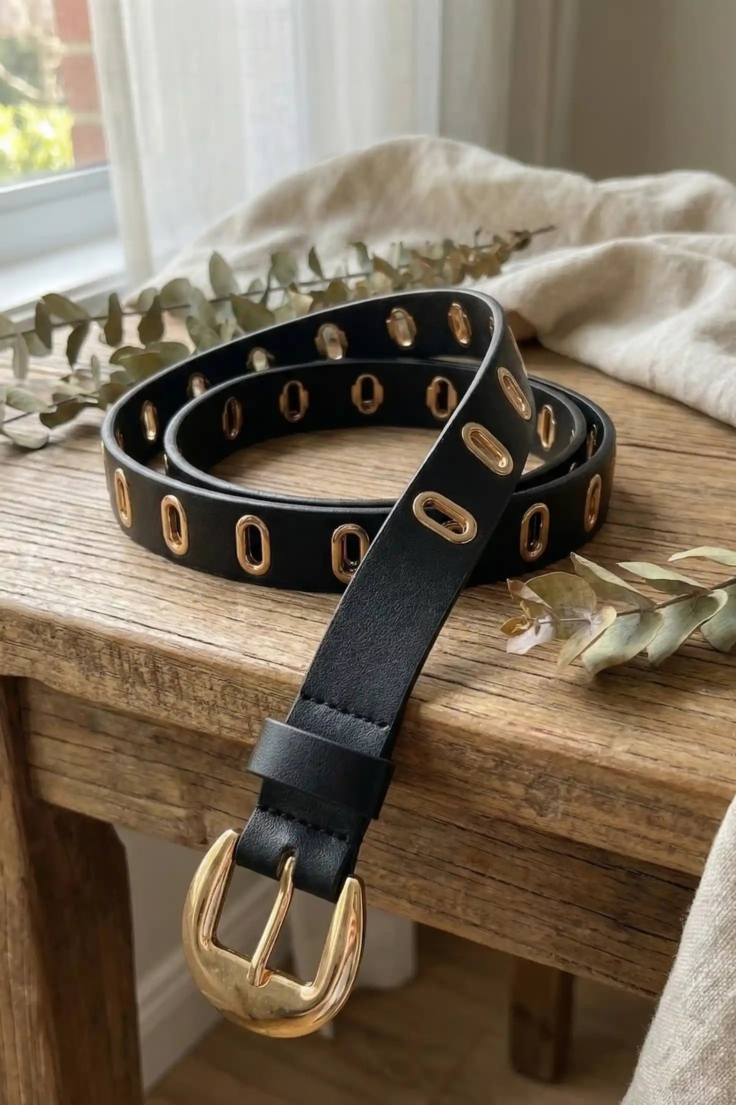 Luxury Black Faux Leather Belt with Double-Row Gold Oval Grommets