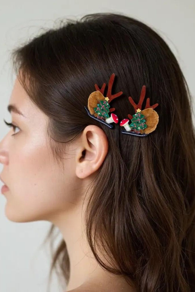 Christmas Reindeer Antler Hair Clips with Tree and Mushroom Decoration (Pair)