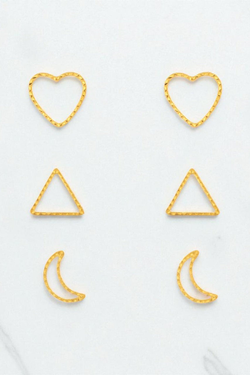 OMID, Gold Textured Shape Stud Earrings Set – Heart, Triangle, Crescent Moon Design, Lightweight Women’s Fashion Jewellery, Pack of 3 Pairs
