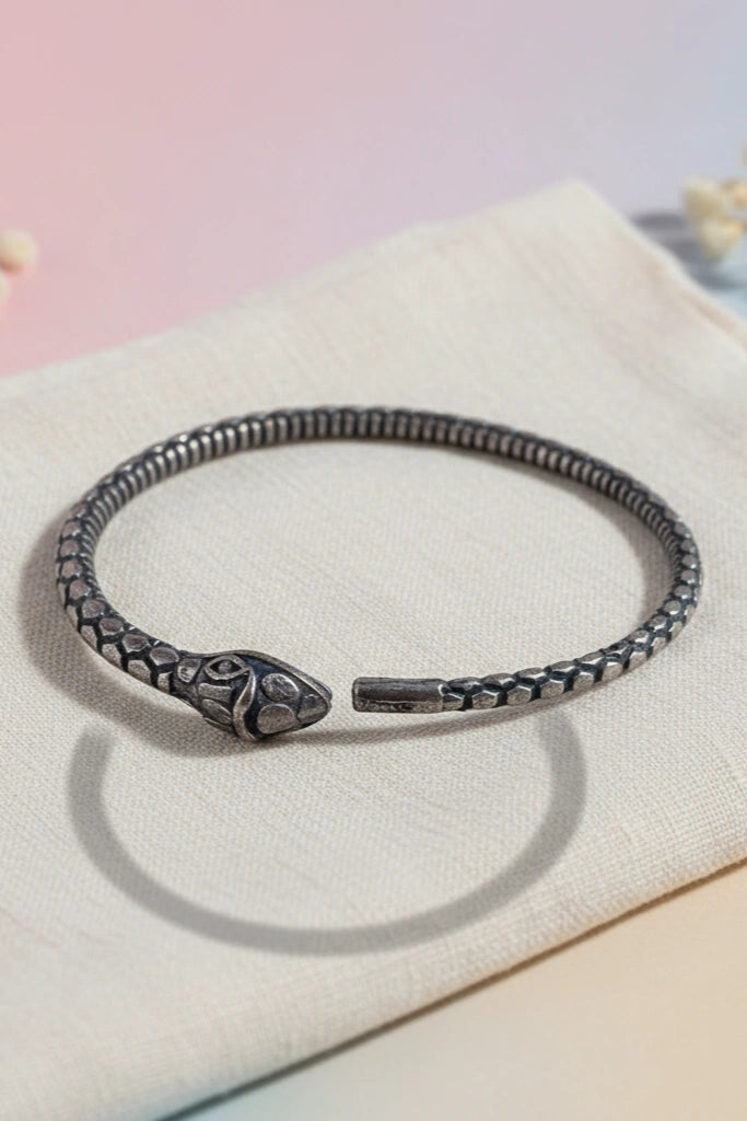 OMID, Antique Silver Snake Armlet for Girls & Women | Adjustable Serpent Arm Cuff Bangle | Vintage Oxidized Finish | Boho Tribal Jewelry