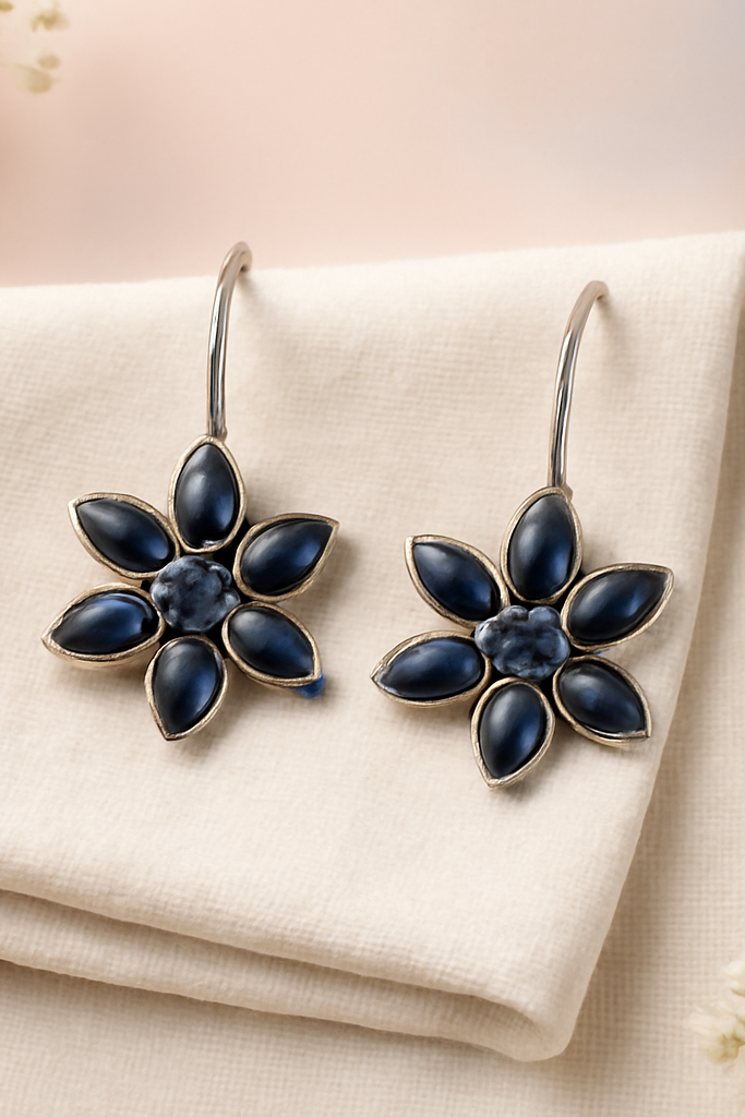 OMID, Elegant Silver-Plated Blue Floral Drop Earrings for Women & Girls, Handmade Alloy with Designer Stones, Lightweight Ethnic Jewelry