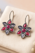 OMID, Sterling Silver Floral Drop Earrings with Red and White Gemstones for Women and Girls – Handcrafted Elegant Flower Design Jewelry