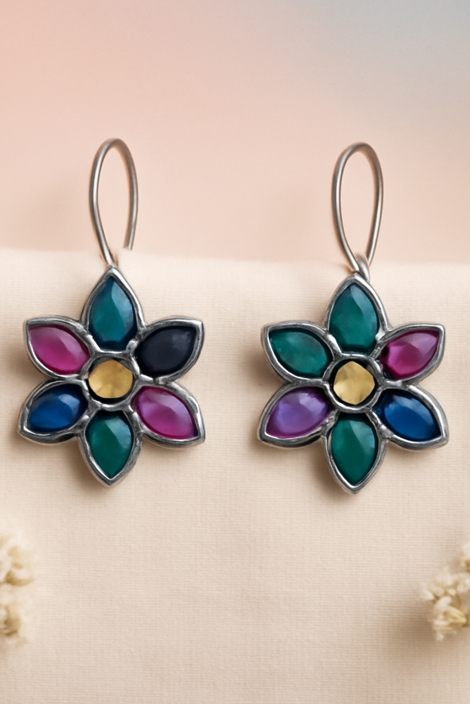 OMID, Navratna Floral Stone Earrings for Women | Multi-Gemstone Traditional Indian Dangle Hook Earrings | Festival & Daily Wear Jewellery