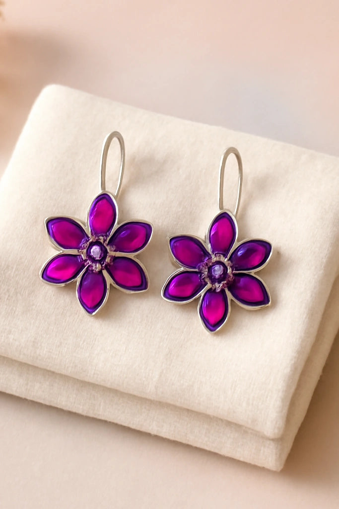 OMID, Sterling Silver Pink Flower Drop Earrings for Women & Girls | Handmade Floral Design with Magenta Stones | Lightweight & Hypoallergenic Jewellery