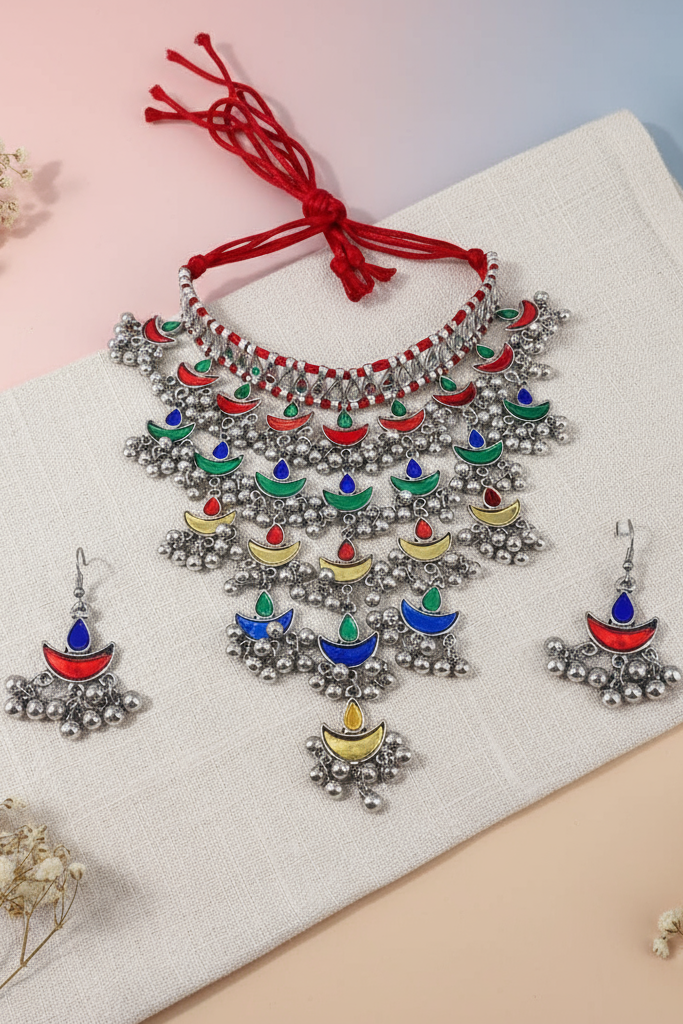OMID, Oxidized Multicolor Diya Choker Necklace Set for Women – Traditional Ethnic Jewelry with Jhumki Earrings
