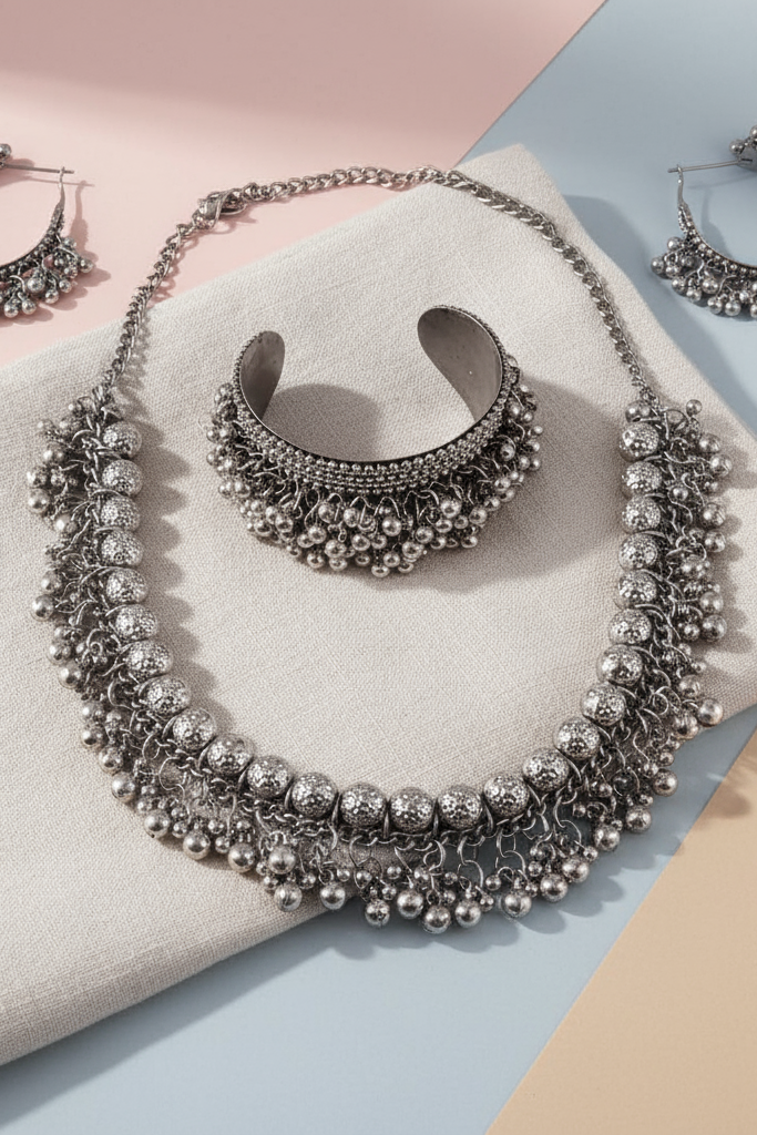 OMID, Traditional Oxidised Silver Plated Necklace, Cuff Bracelet & Earrings Set for Women – Antique Boho Tribal Jewellery Collection