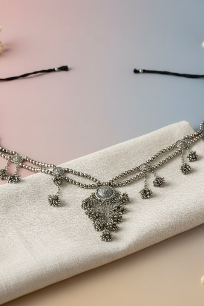 OMID, Traditional Oxidised Silver Plated Kamarband Waist Chain Belt for Women - Ethnic Indian Belly Chain with Dangler Tassels