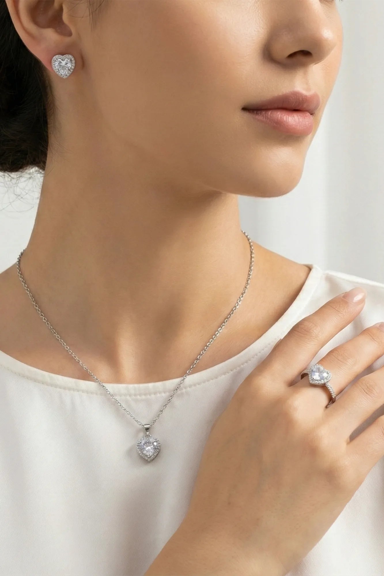 Heart-Shaped Cubic Zirconia Stud Earrings, Pendant Necklace & Ring Set