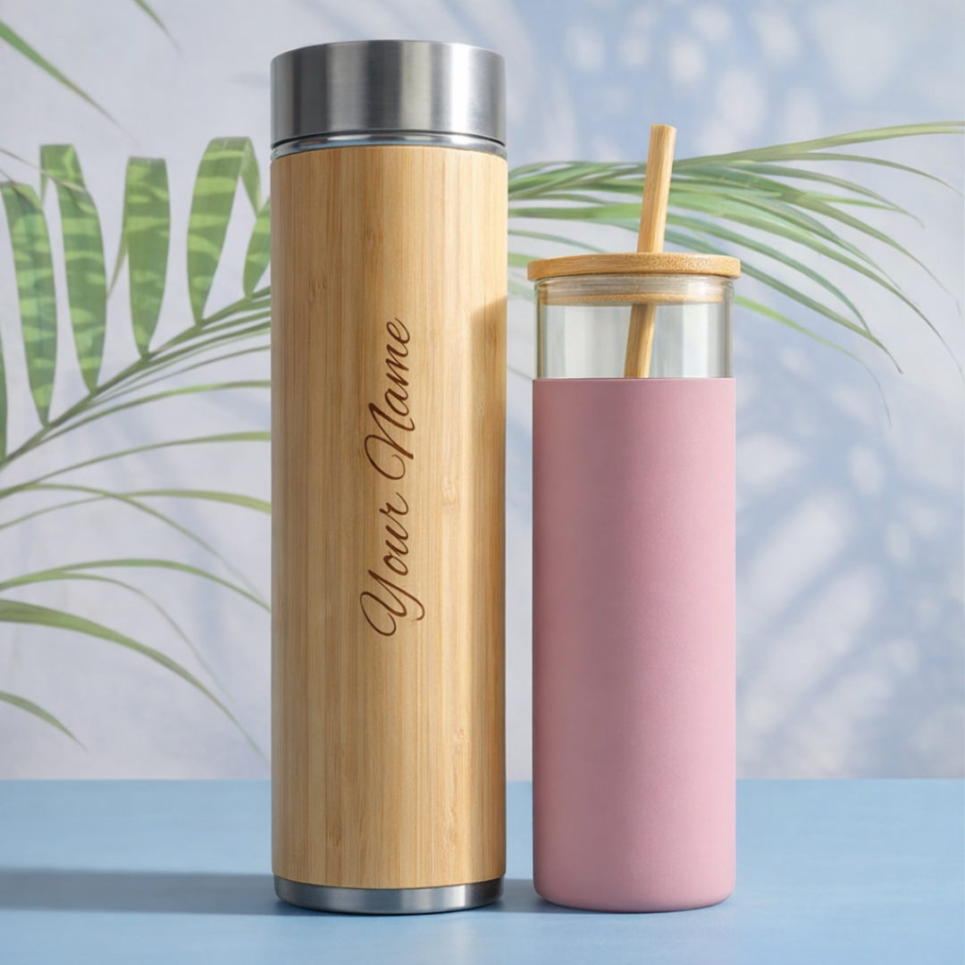 Valentine Hydration Gift Set – Bamboo Bottle & Glass Sipper