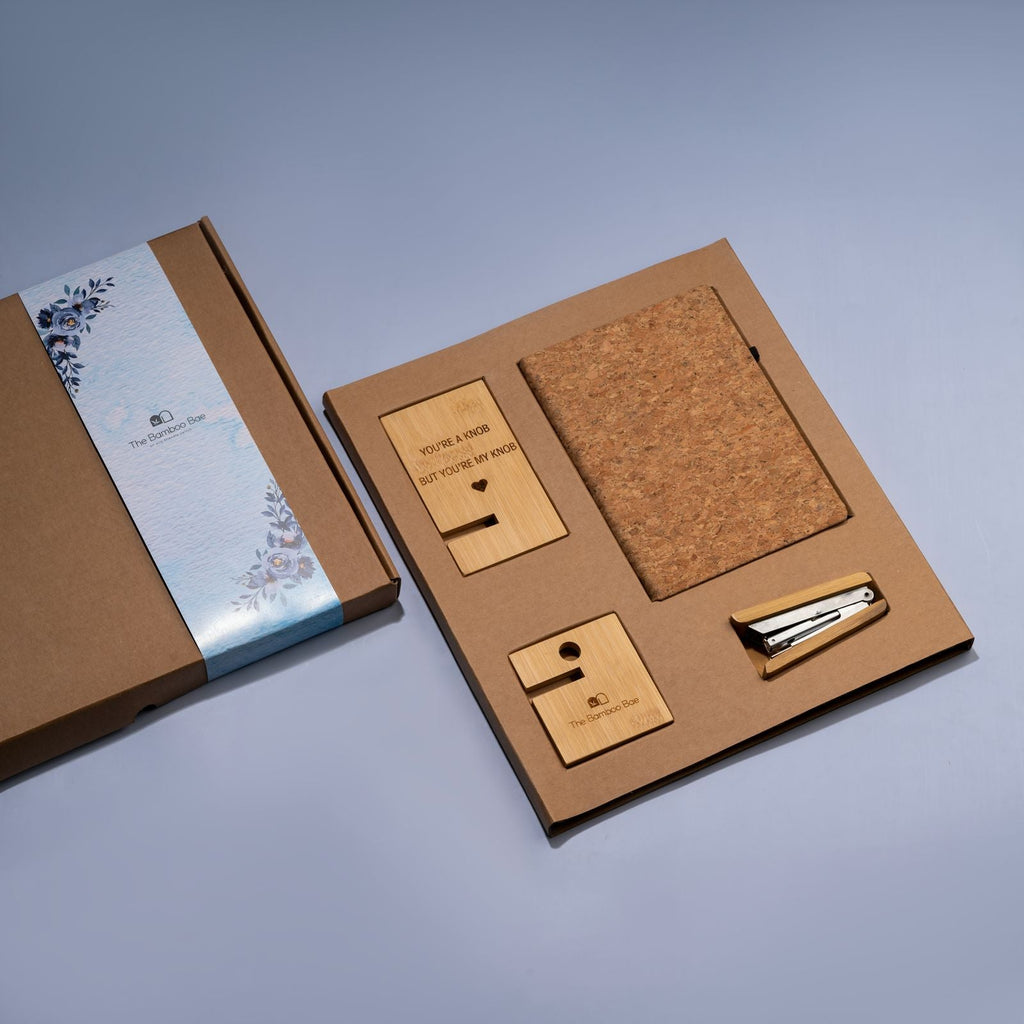 Bamboo Desk Essentials Festive Gifting Set by The Bamboo Bae | Phone Stand Stapler Cork Diary