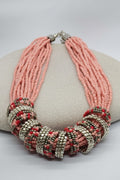 Silver Multi-Strand Red Glass Seed Bead Necklace