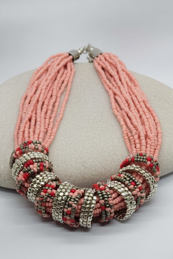 Silver Multi-Strand Red Glass Seed Bead Necklace