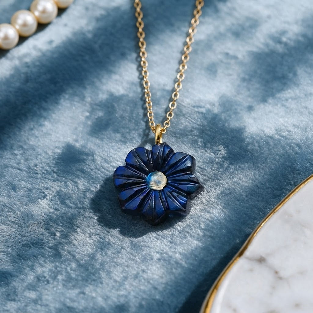 Gemstone Double Stone Flower Carving Pendant