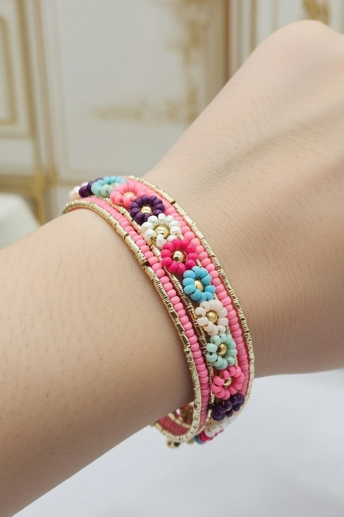 18K Gold Plated Pastel Floral Glass Bead Wrap Bracelet