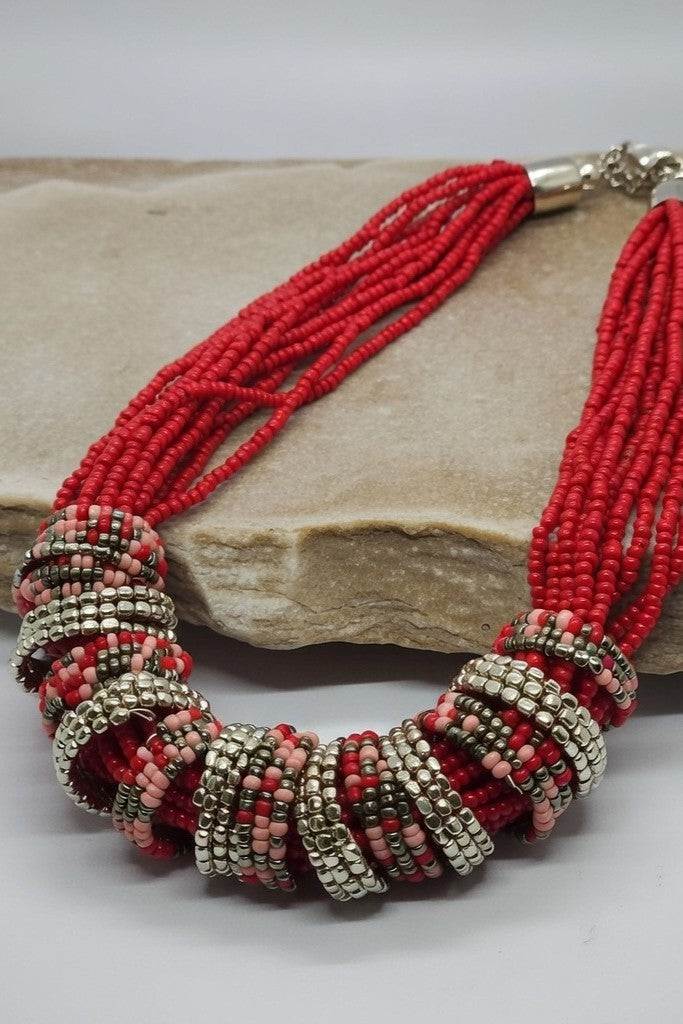 Silver Multi-Strand Red Glass Seed Bead Necklace