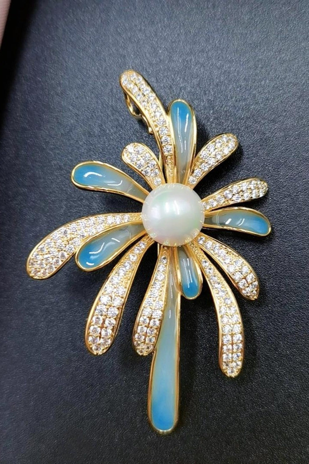 Enamel Brooch: Cubic Zirconia Pearl Lapel Pin