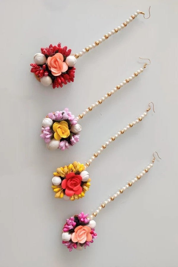 Assorted Custom Flower Pearl Maanga Tika (Pack Of 1)- Handcrafted floral motif with assorted colored faux flowers