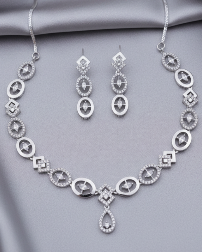 Rhodium Geometric Oval Set