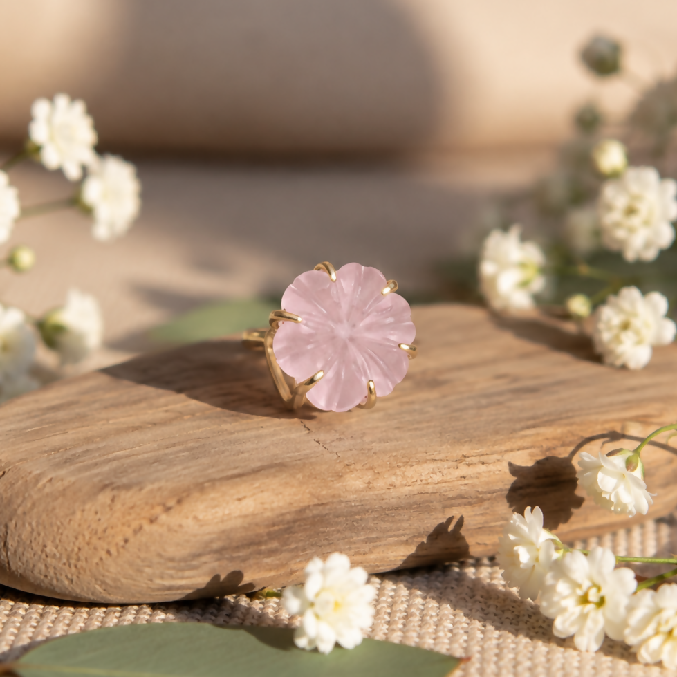 Kunzite Flower Craved Ring
