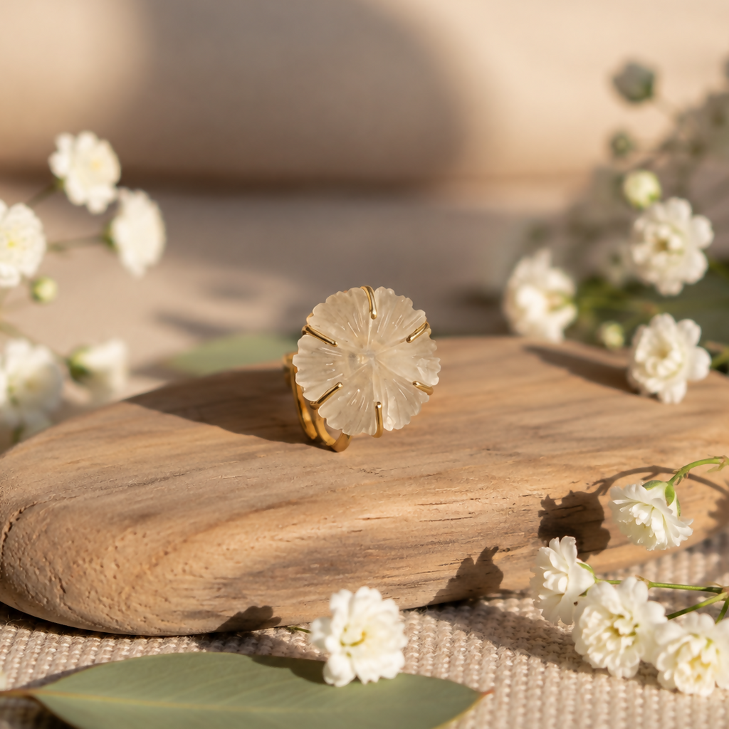 Yellow Aventurine Flower Craved Ring
