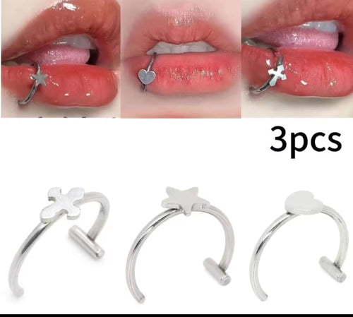 3-Piece Silver Lip Ring Set ��� Star, Heart &
