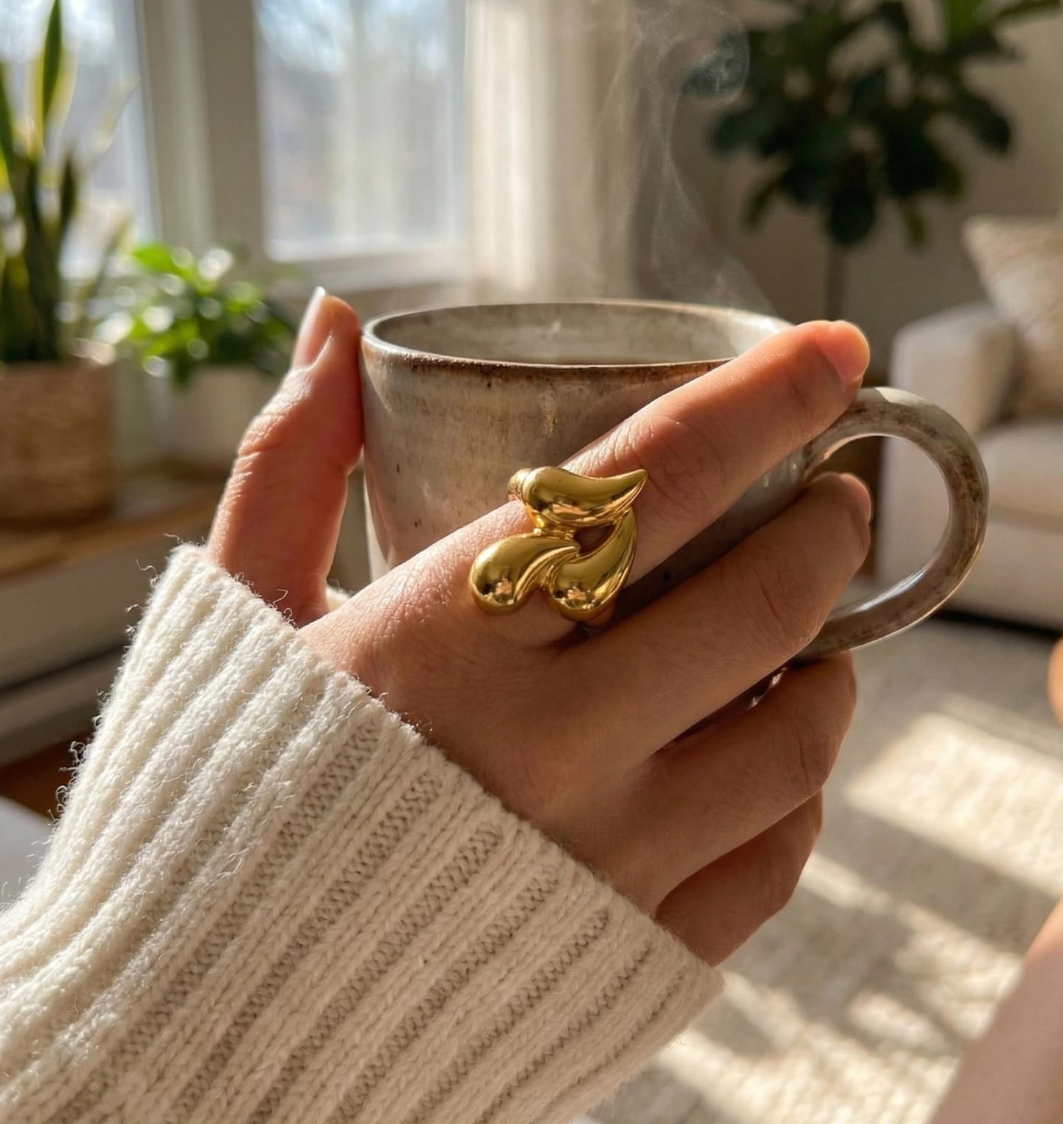 Golden Fluid Wave Statement Ring