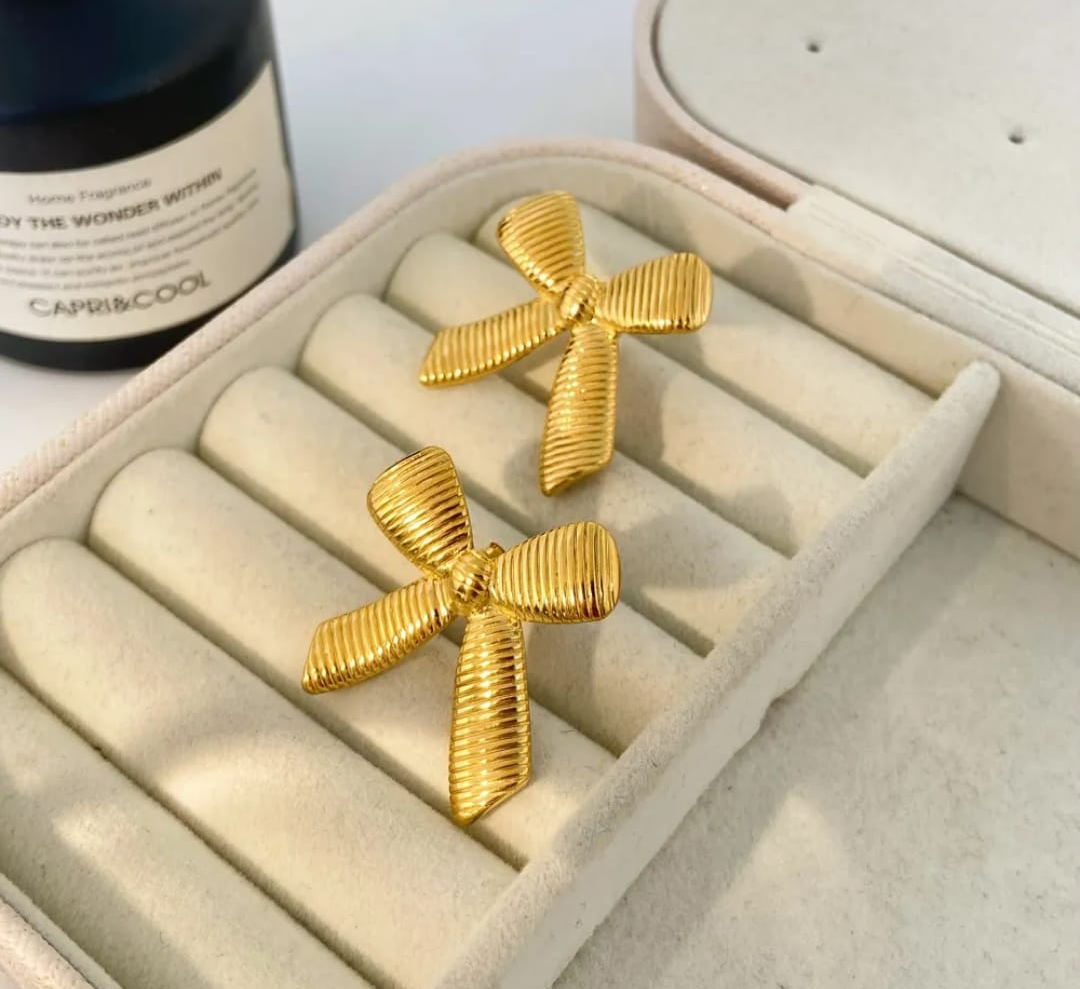 Golden Ribbon Bow Studd Earrings