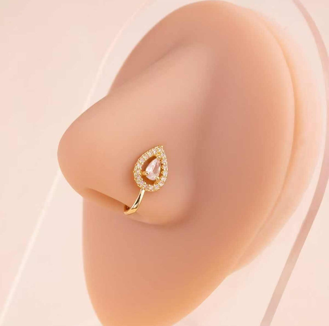 Gold Teardrop Nose Ring with Gemstone