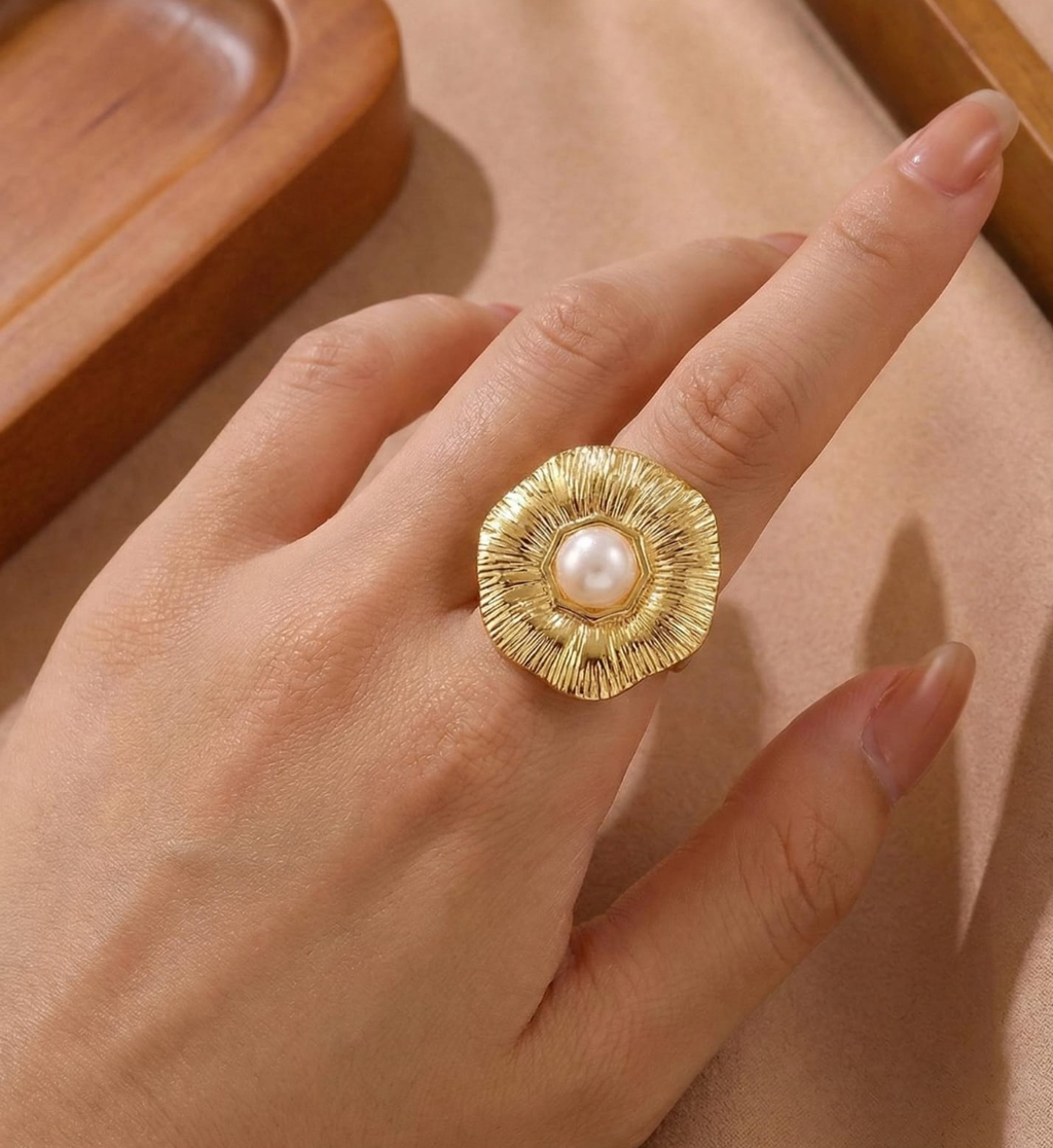 Golden Sunburst Pearl Statement Ring