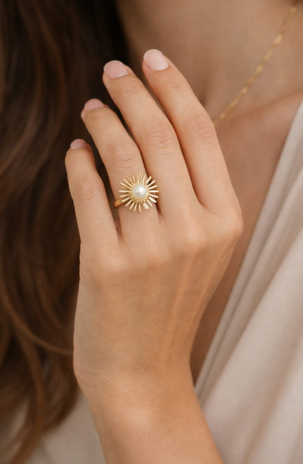 Golden Sunburst Pearl Statement Ring