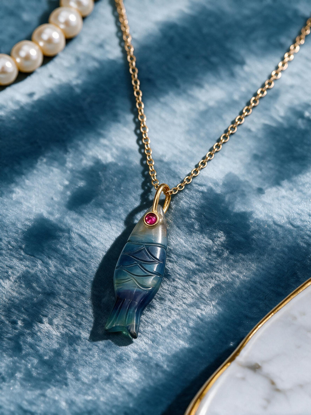 Gemstone Carved Fish Silver Pendant