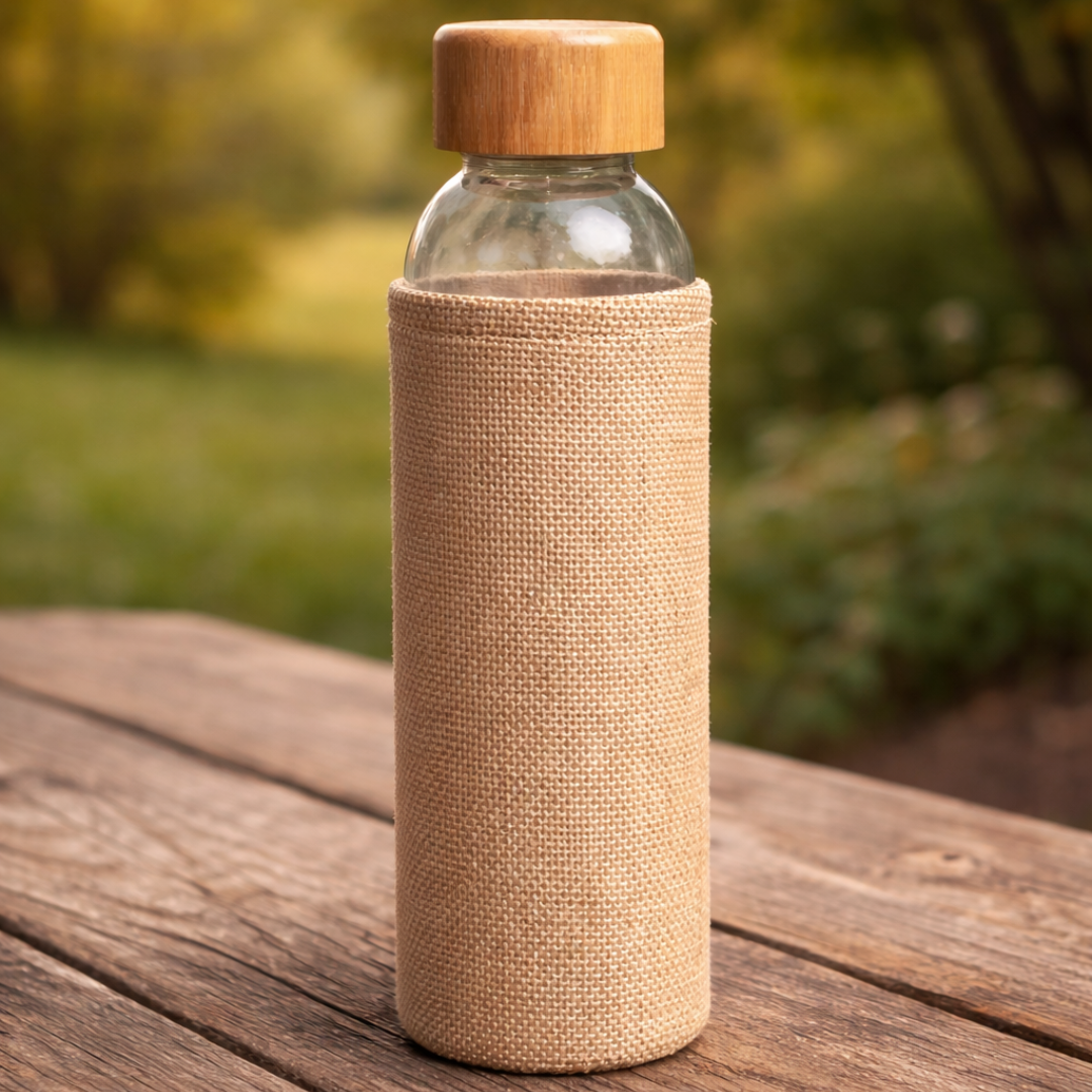 Glass Water Bottle with Jute Sleeve & Bamboo Lid | Reusable Eco-Friendly Drinking Bottle