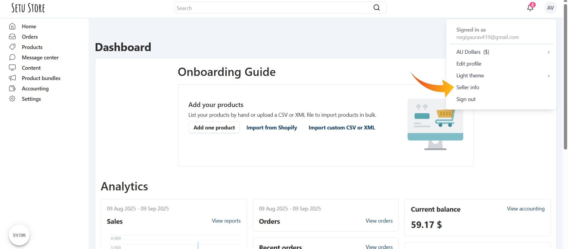 Setu Store vendor admin dashboard showing analytics, orders, and product management options