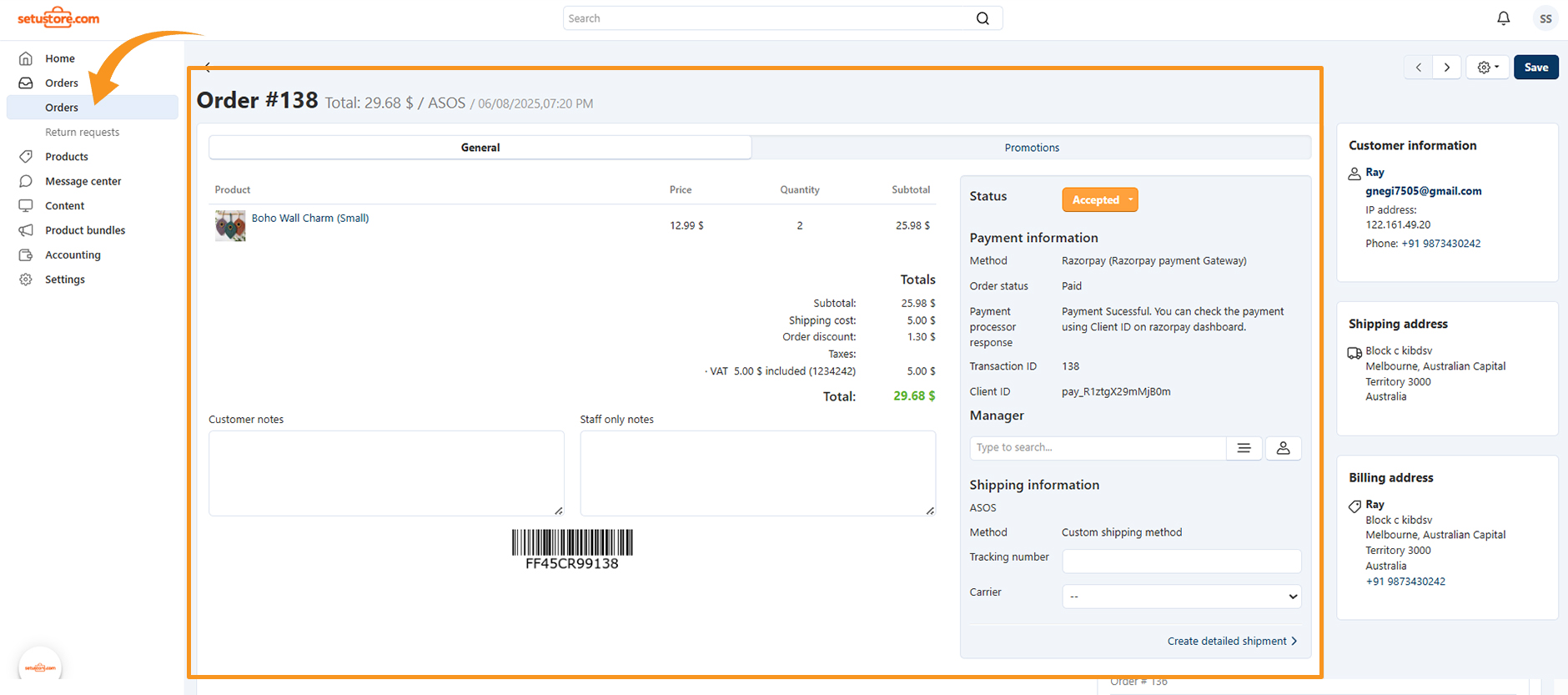 Setu Store vendor admin dashboard showing analytics, orders, and product management options