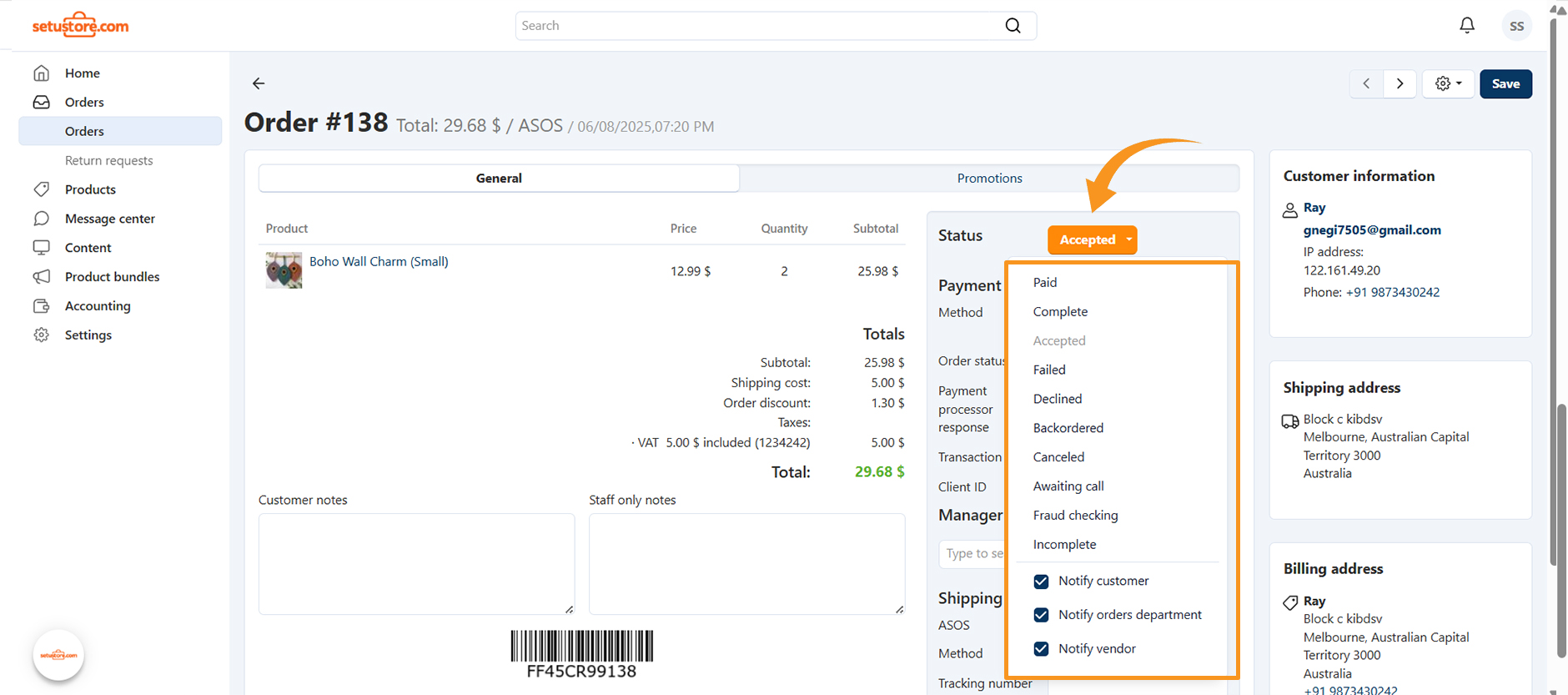 Setu Store vendor admin dashboard showing analytics, orders, and product management options