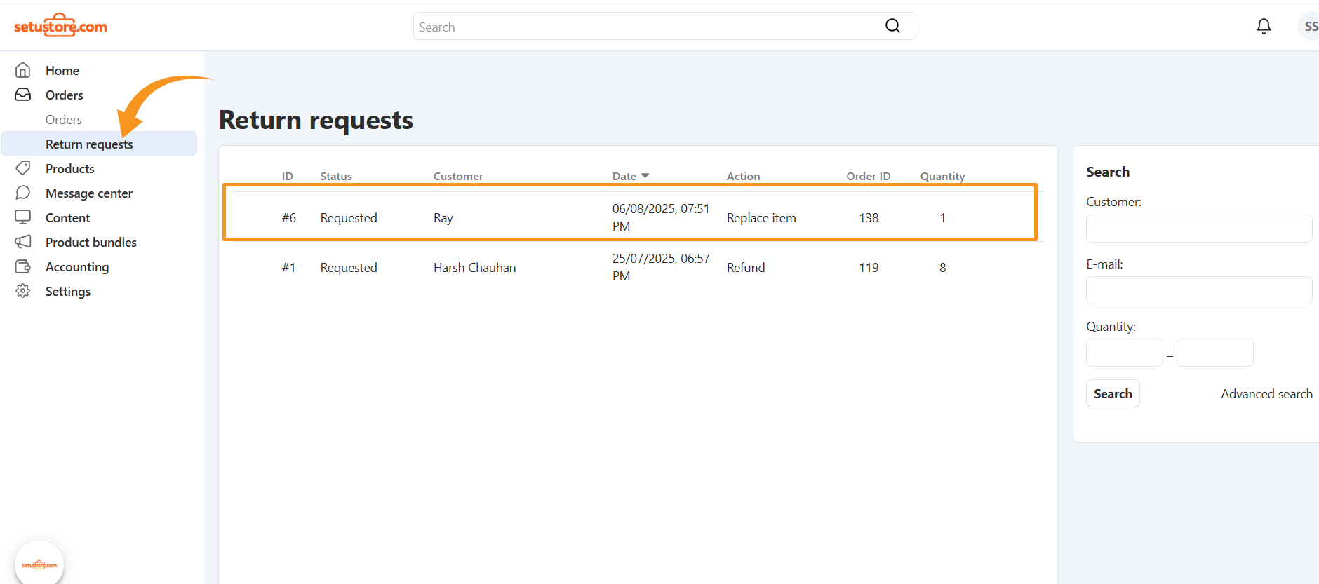 Vendor admin panel showing return/refund requests