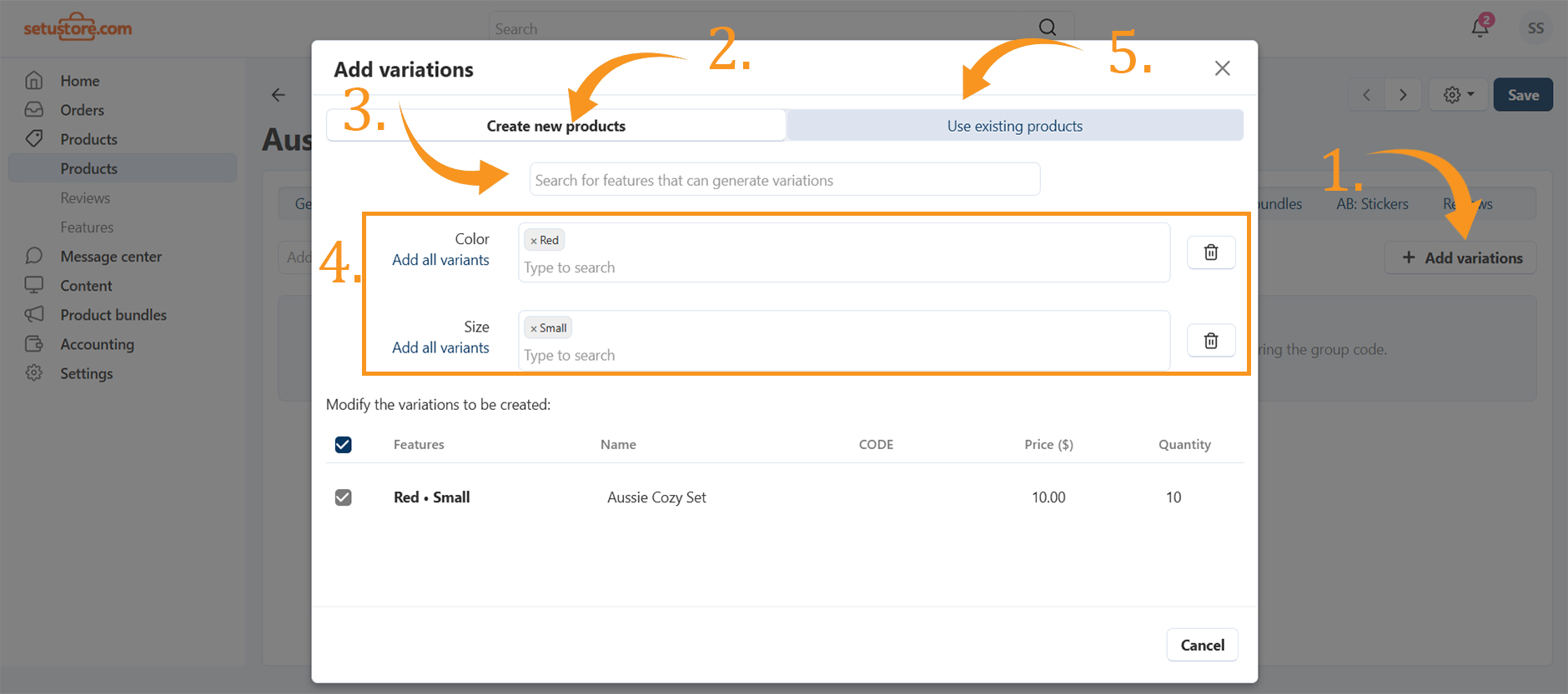 Setu Store vendor admin dashboard showing analytics, orders, and product management options
